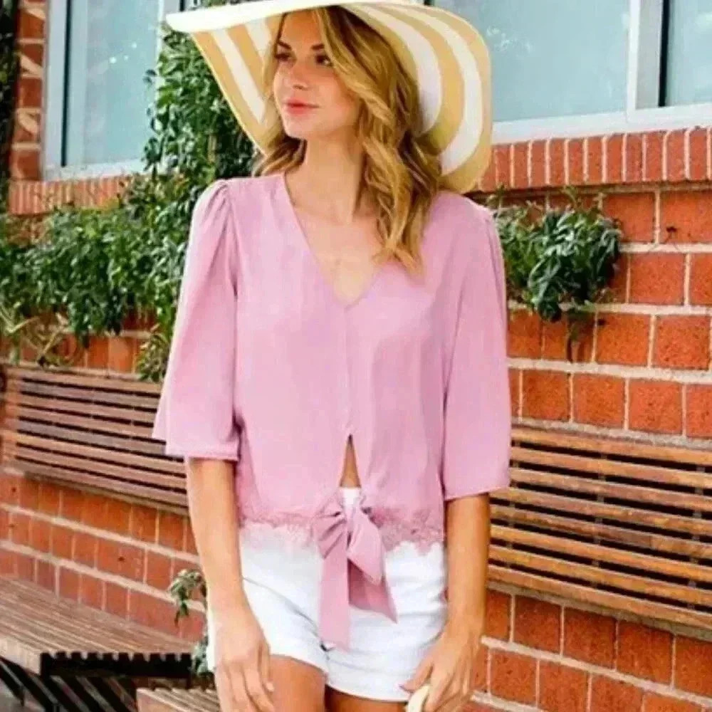 V-Neck Wide Top with Lace Trim and Bow Tie Detail